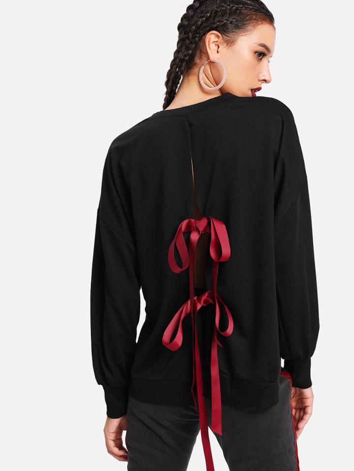 Shein Ribbon Tie Back Drop Shoulder High Low Pullover
