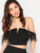 Shein V Notch Faux Feather Detail Bardot Top