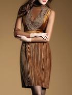Shein Khaki Sheer Contrast Velvet Pleated Dress