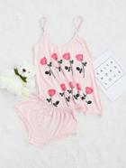 Shein Pink Floral Print Cami Pajama Set