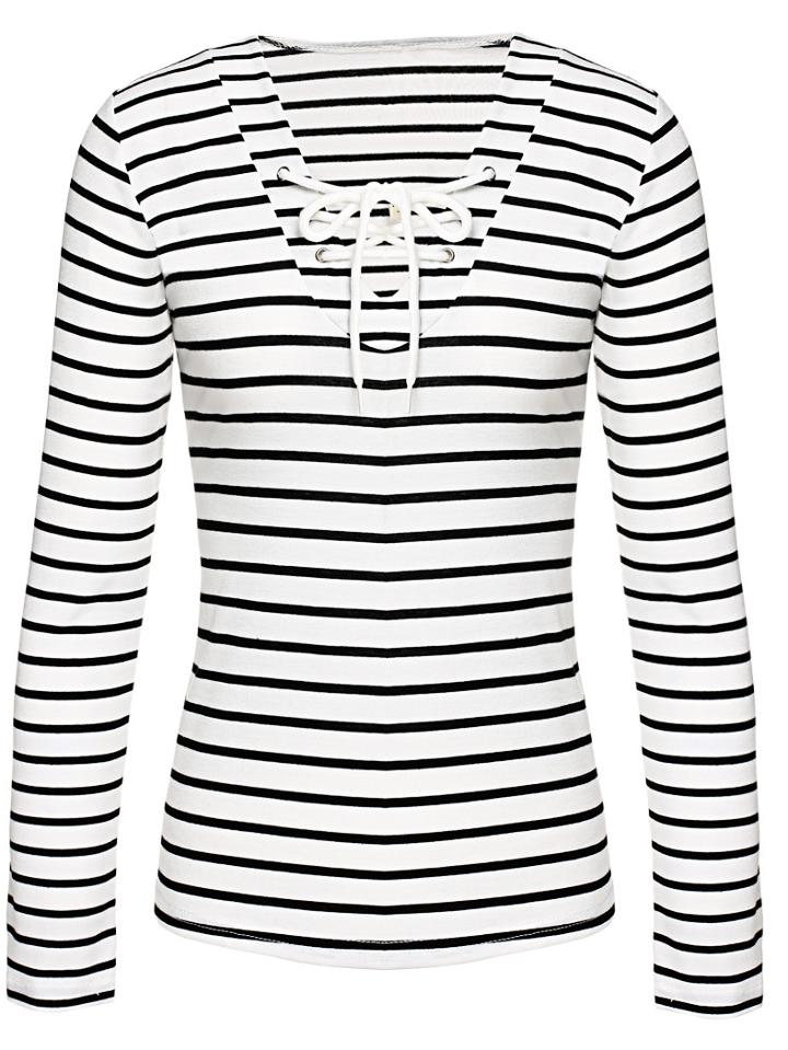 Shein White Black Lace Up Striped T-shirt