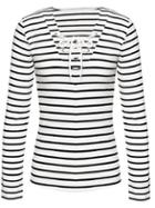 Shein White Black Lace Up Striped T-shirt
