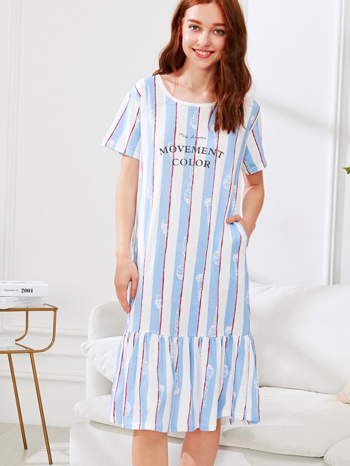 Shein Letter Print Ruffle Hem Striped Dress