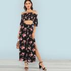 Shein Flounce Sleeve Floral Bardot Top & Pants Set