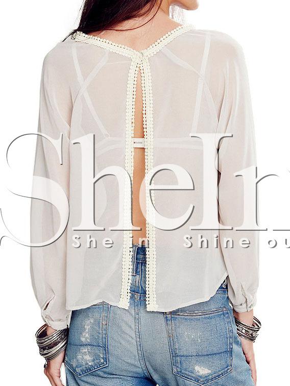 Shein White Long Sleeve Split Back Blouse