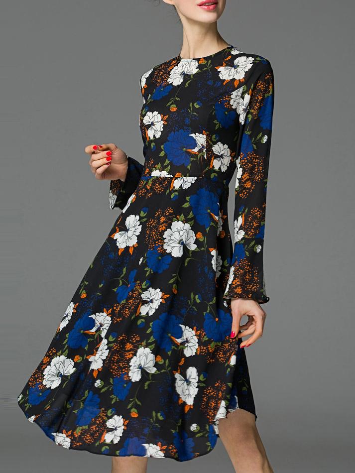 Shein Navy Bell Sleeve Floral A-line Dress