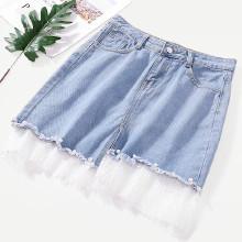Shein Contrast Lace Hem Pearl Beaded Denim Skirt