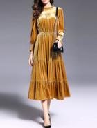 Shein Yellow Pleated Velvet Long Layered Dress