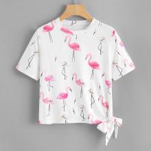 Shein Knot Side Flamingo Print Tee