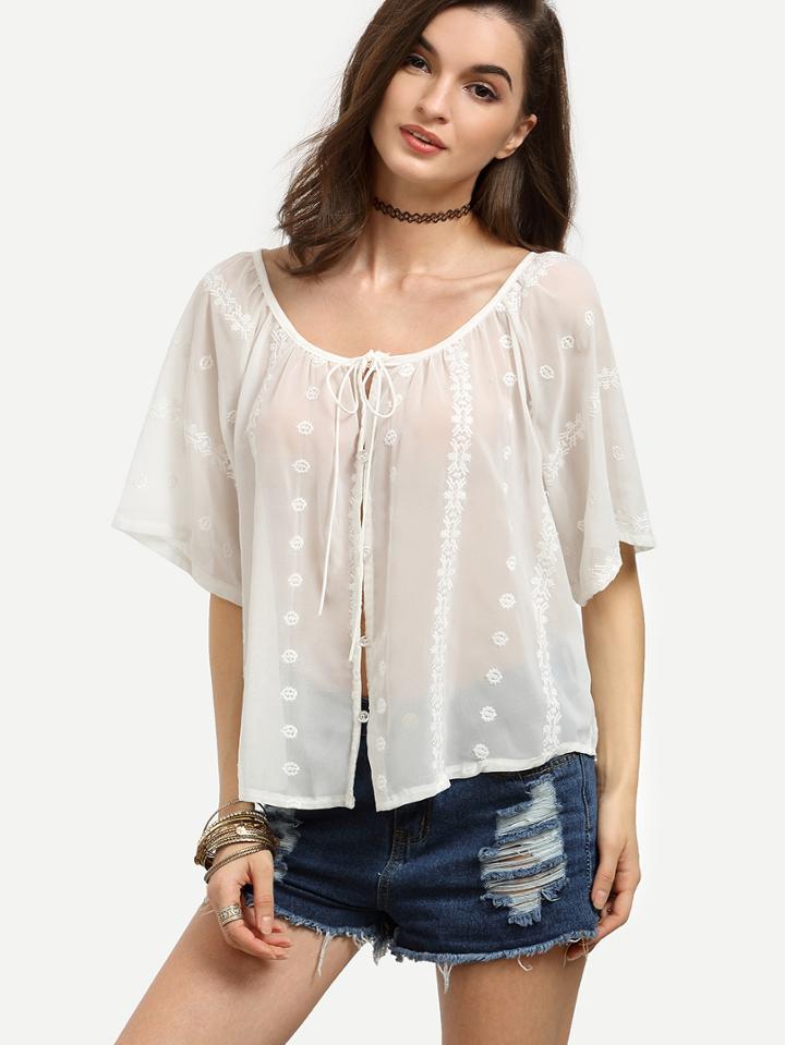 Shein White Tie Neck Embroidered Top With Buttons