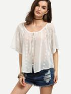 Shein White Tie Neck Embroidered Top With Buttons