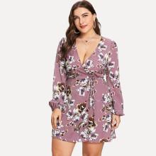Shein Plus Knot Side Surplice Wrap Flower Print Dress