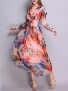 Shein Multicolor V Neck Long Sleeve Print Maxi Dress