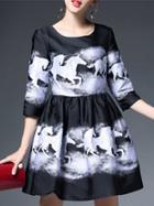 Shein Black Horse Jacquard A-line Dress