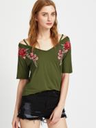 Shein Rose Patch Strappy Off Shoulder Tee