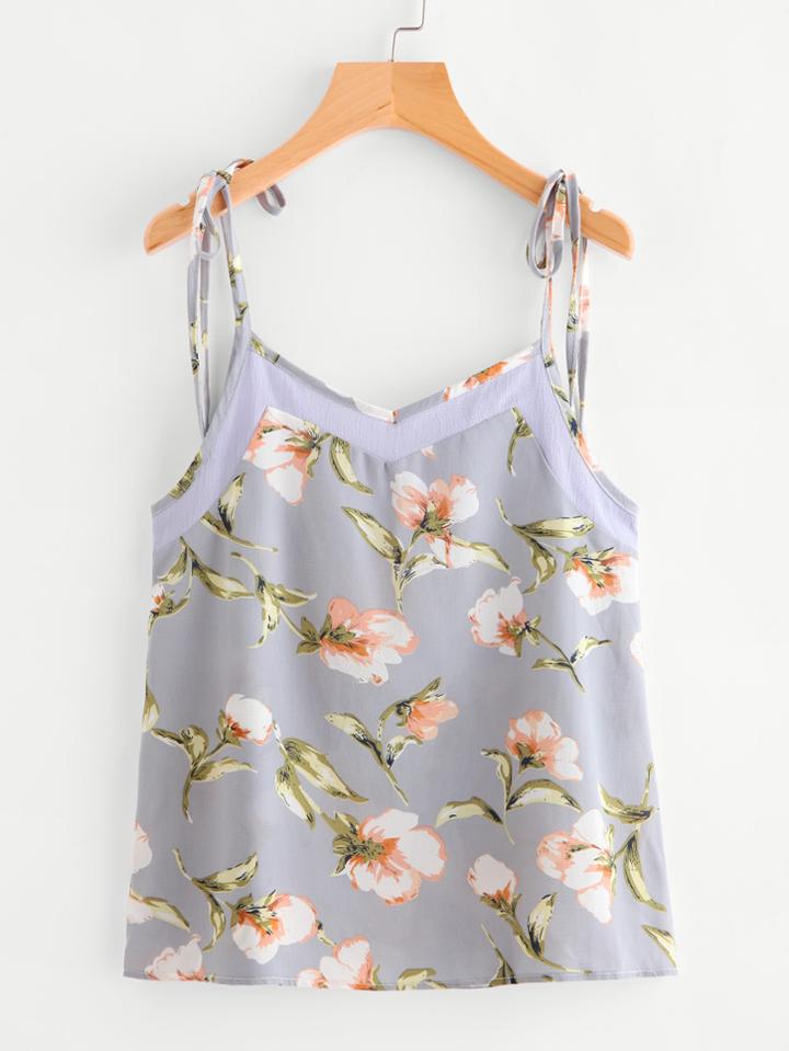 Shein Contrast Panel Botanical Print Tie-strap Cami Top