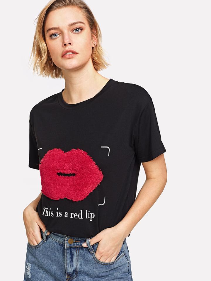 Shein Fleece Red Lip Applique T-shirt