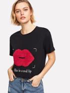 Shein Fleece Red Lip Applique T-shirt