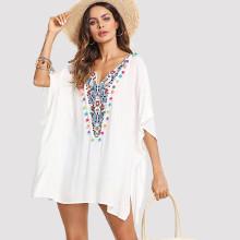 Shein Pom Pom Trim Embroidered Yoke Batwing Top