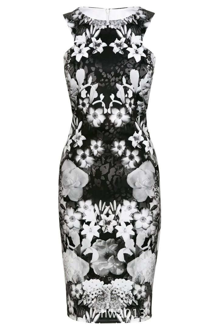 Shein Black White Sleeveless Leaves Print Bodycon Dress