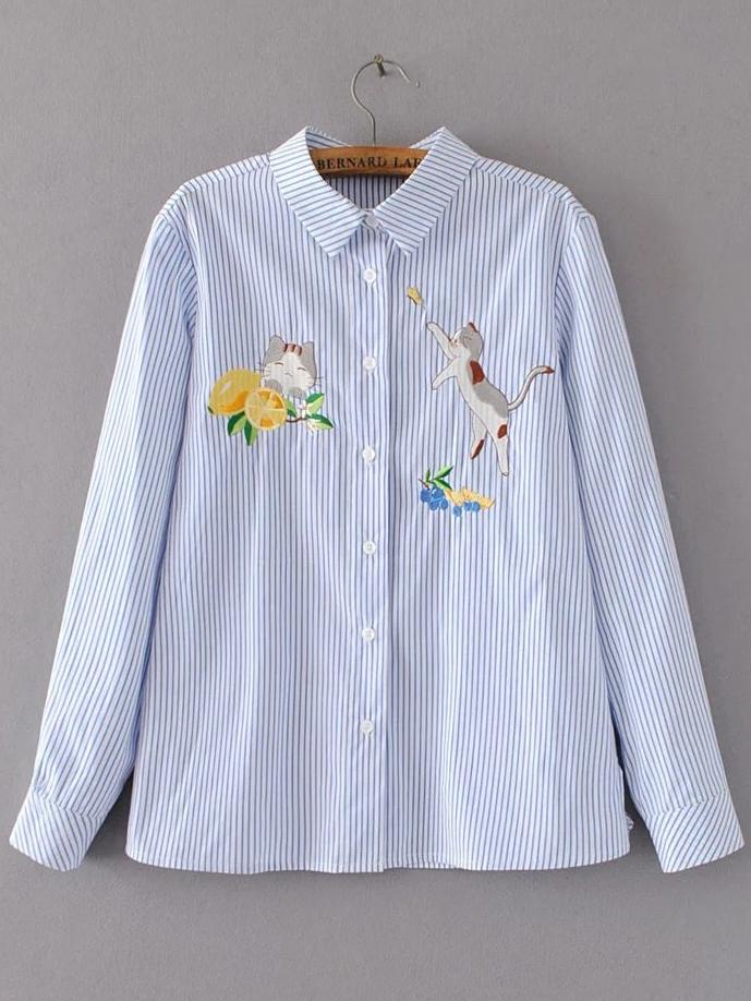 Shein Blue Cat Embroidery Vertical Striped Blouse