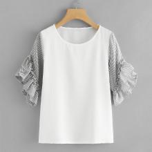 Shein Striped Sleeves Patchwork Frill Tee