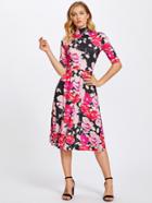 Shein Elbow Sleeve Tie Back Floral Dress
