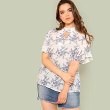 Shein Plus Flower Print Choker Neck Top