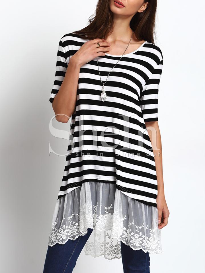 Shein Black White Stripe Lace Hem Casual Dress