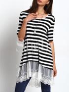 Shein Black White Stripe Lace Hem Casual Dress