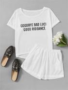 Shein Slogan Print Tee And Shorts Pajama Set