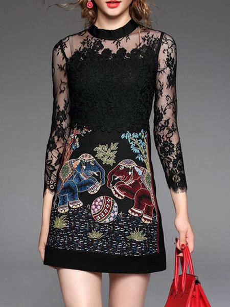 Shein Black Sheer Embroidered Contrast Lace Dress