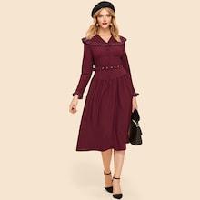 Shein Button Front Contrast Lace Trim Dress