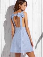 Shein Blue Stripe Bow Open Back Sleeveless A-line Dress