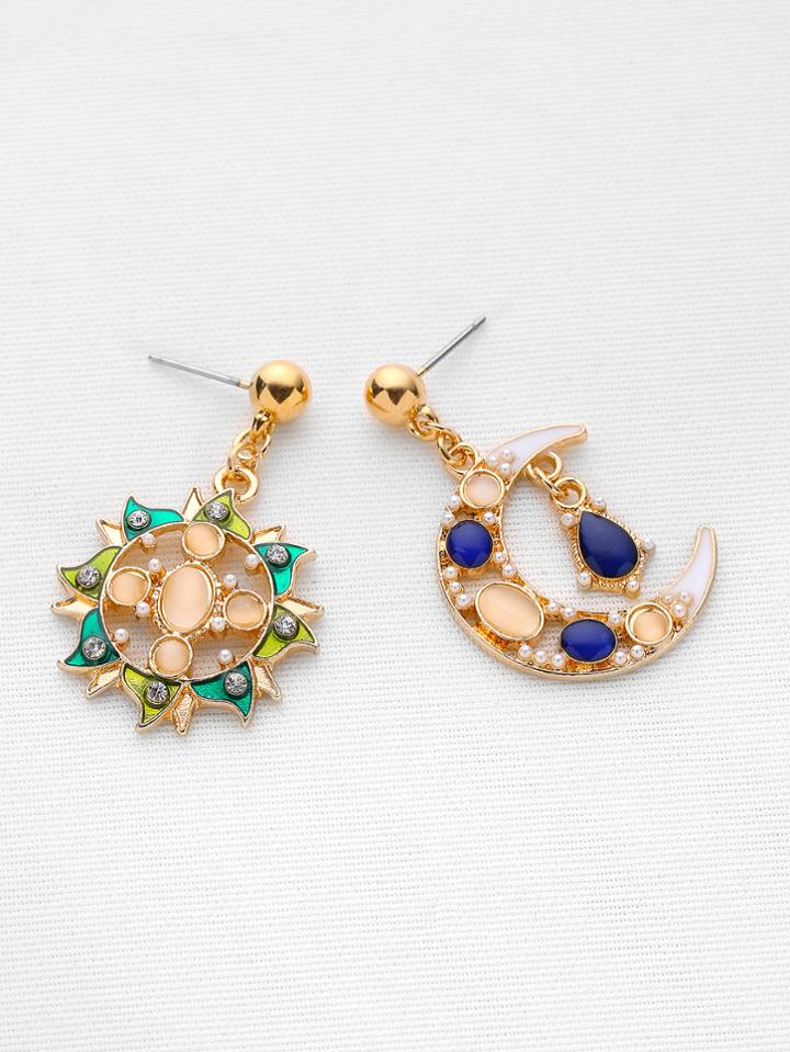 Shein Rhinestone Sun And Moon Shaped Drop Earrings