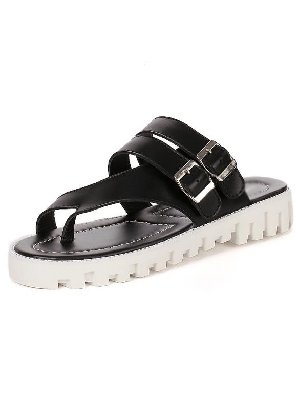 Shein Black Real Leather Flatform Flip Flop Sandals