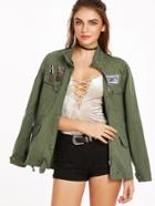 Shein Olive Green Drawstring Waist Utility Jacket With Medals