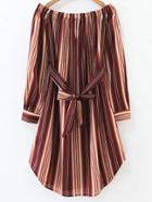 Shein Multicolor Vertical Striped Off The Shoulder Dress With Tie