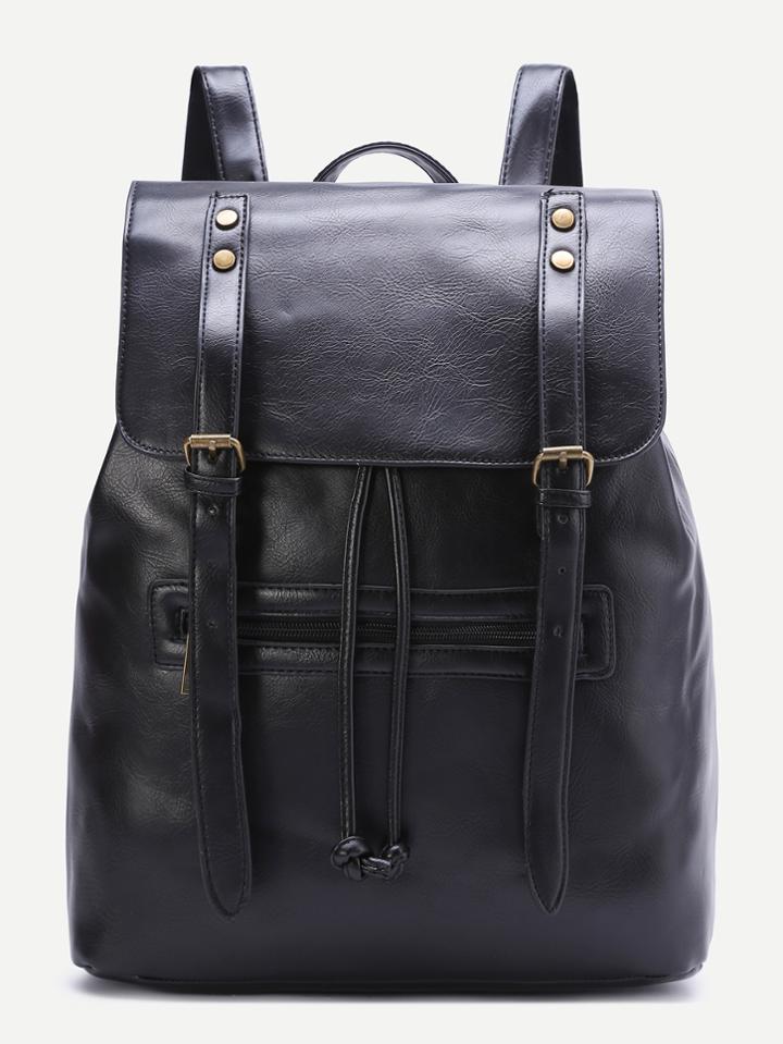 Shein Black Double Buckle Pu Backpack