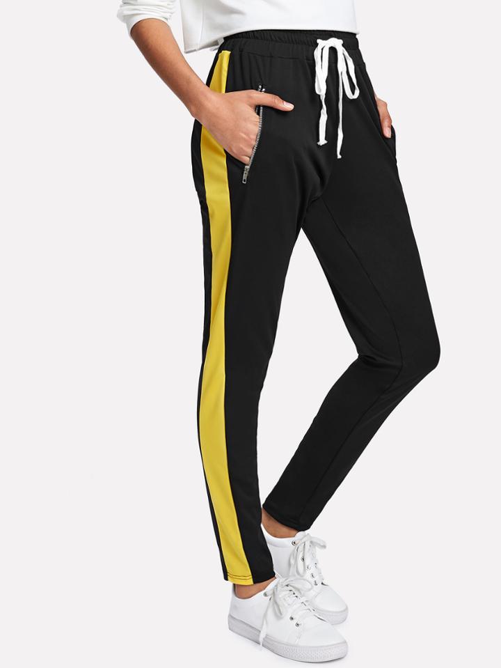 Shein Stripe Contrast Side Zip Pocket Drawstring Waist Pants