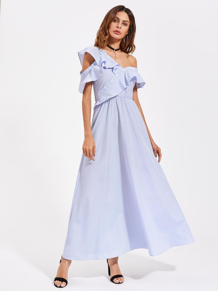 Shein Flounced Asymmetric Shoulder And Placket Dress