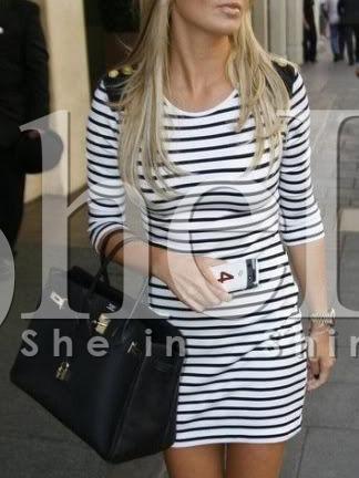 Shein White Black Round Neck Striped Dress