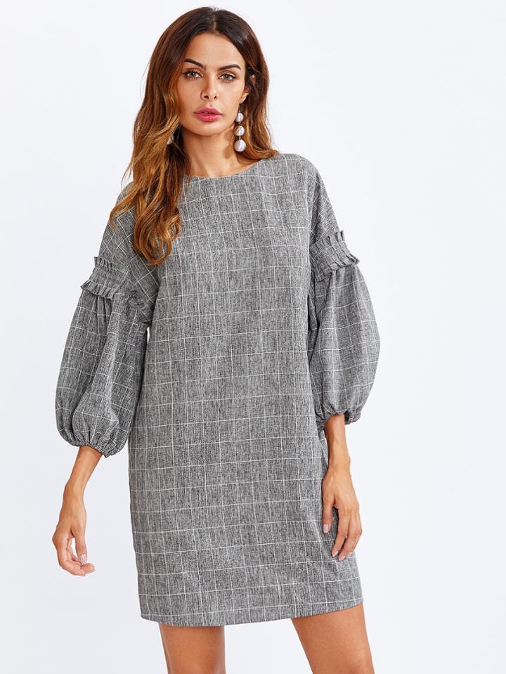 Shein Frilled Exaggerated Lantern Sleeve Grid Dress