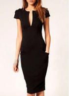 Rosewe Spring Charming Cap Sleeve High Waist Black Dress