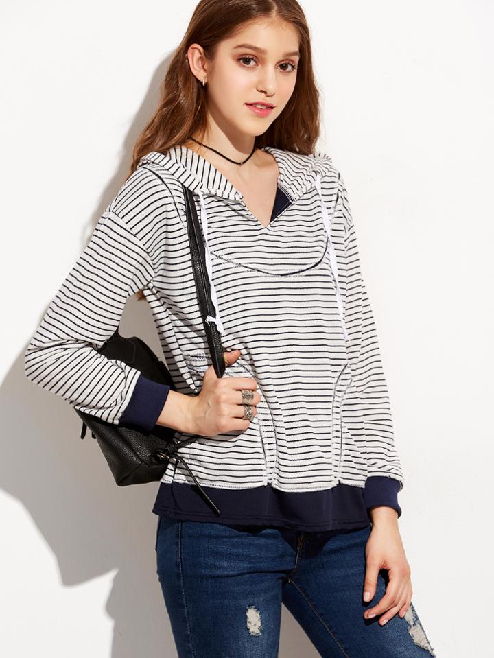 Shein Striped Drawstring Hooded Contrast Cuffs Sweatshirt