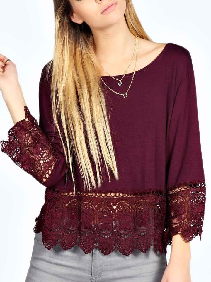 Shein Lace Crochet Hollow Burgundy Blouse