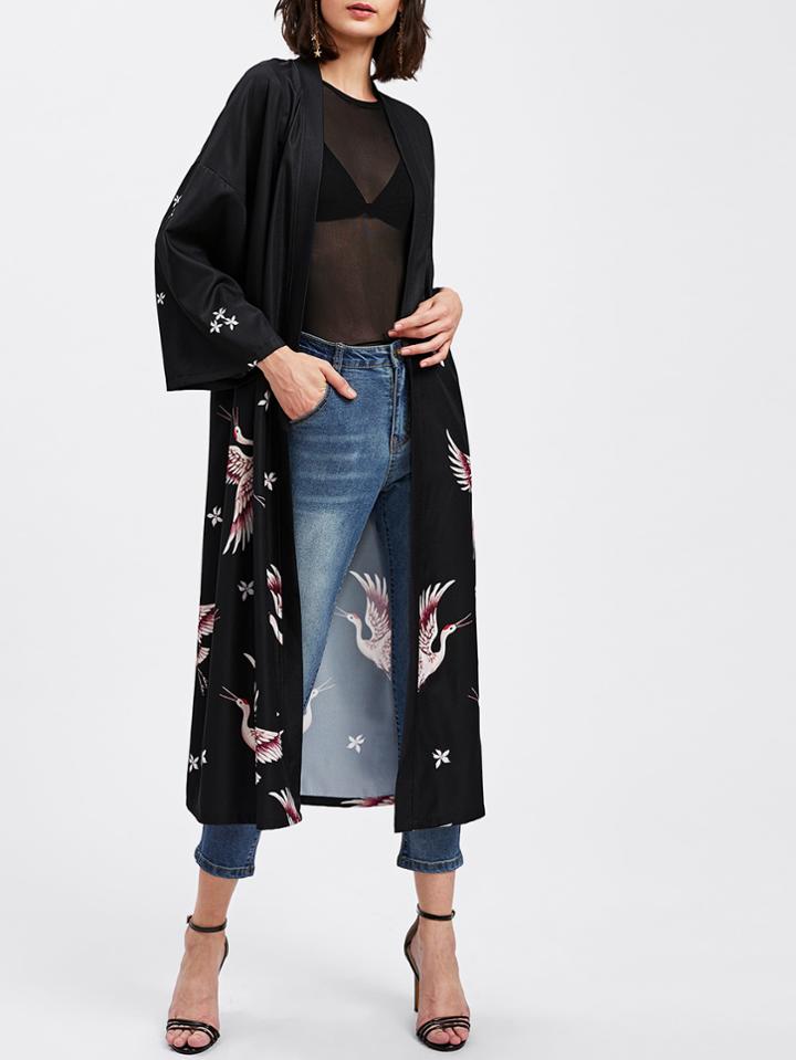 Shein Crane Bird Print Open Front Kimono Coat
