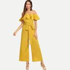 Shein Flounce Off Shoulder Belted Culotte Jumpsuit