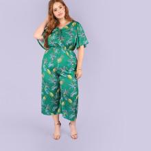 Shein Plus Flute Sleeve Tropical Print Jumpsuit