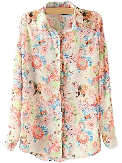Shein Pink Long Sleeve Chiffon Floral Blouse